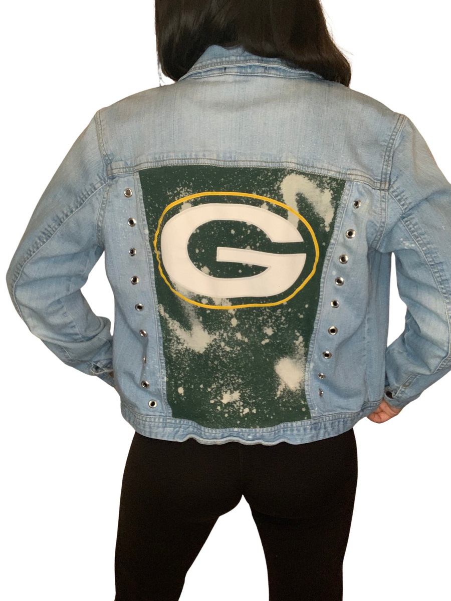 Green Bay Packers Bleached Grommet Jean Jacket Kampus
