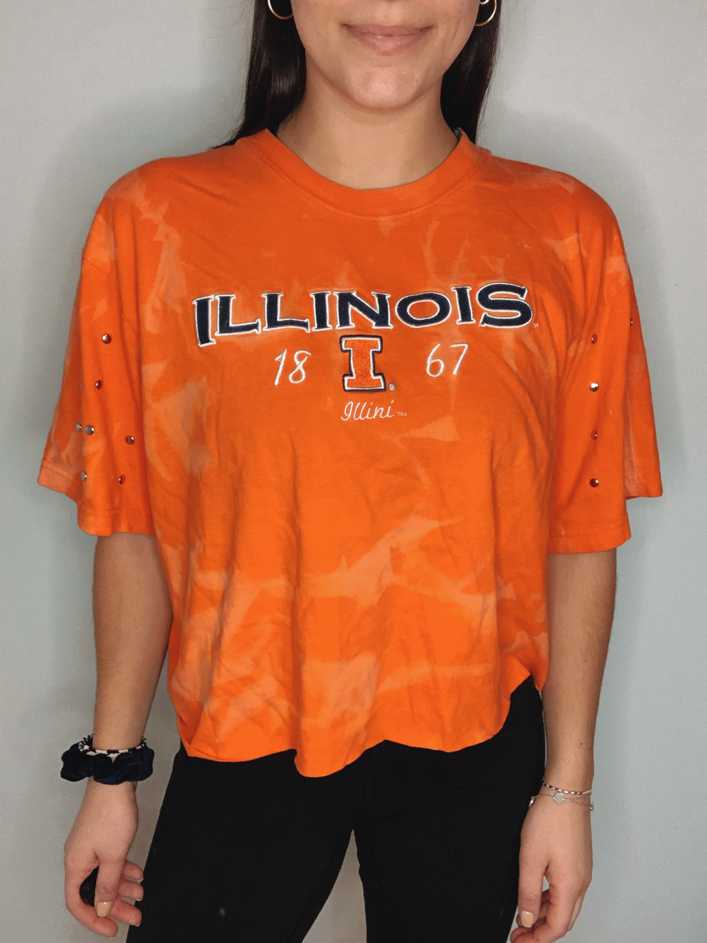 University of Illinois Cropped Bleached Studded Sleeve Shirt