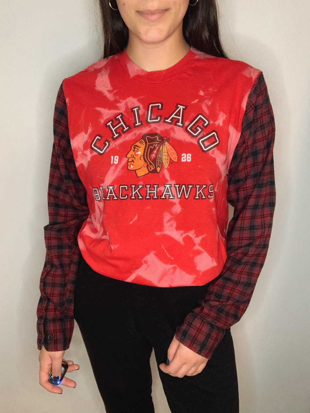 Chicago Blackhawks Bleached Long Sleeve with Flannel Sleeves